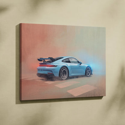 Light blue Porsche 911 GT3 RS inspired canvas print showing rear view with glowing red taillights for wall art