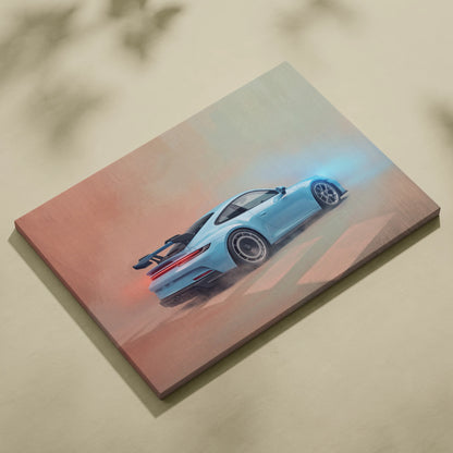 Light blue Porsche 911 GT3 RS inspired canvas print showing rear view with glowing exhaust luxury sports car wall art