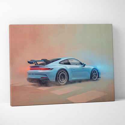 Light blue porsche 911 gt3 rs inspired sports car canvas print showing dynamic rear view with glowing taillights and smoke effects