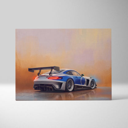 Mercedes-AMG GT Black Series inspired blue and silver racing car wall art with rear wing on canvas painting print