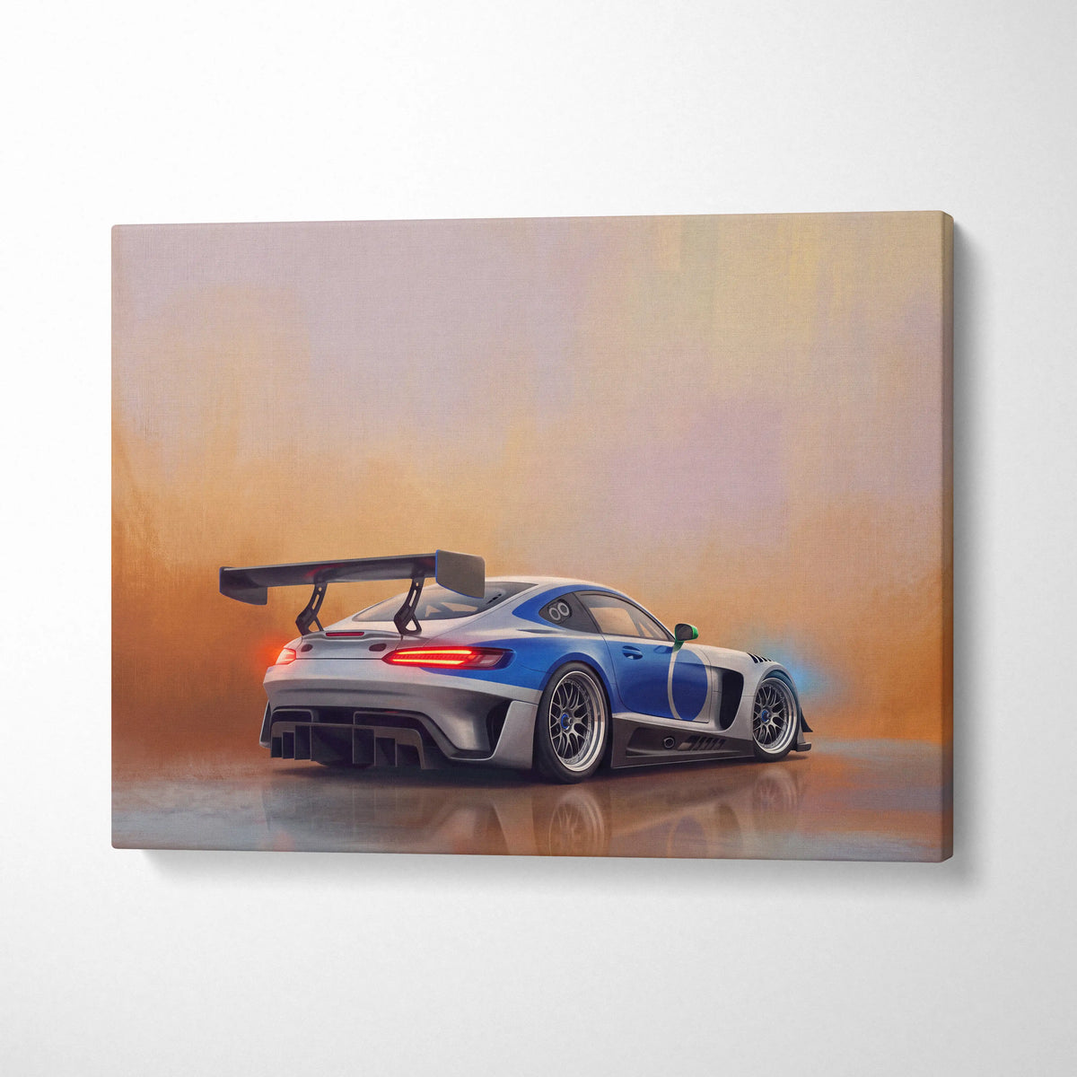 Mercedes-AMG GT Black Series inspired canvas wall art featuring blue and silver race car with rear spoiler and glowing taillights
