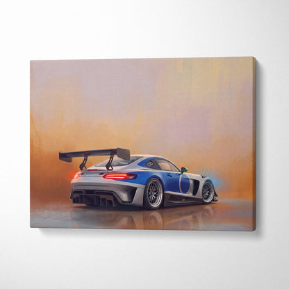 Mercedes-AMG GT Black Series inspired canvas wall art featuring blue and silver race car with rear spoiler and glowing taillights