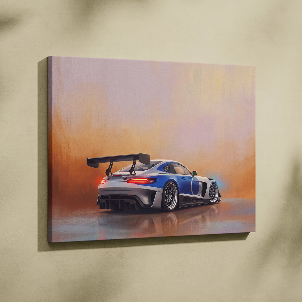 Mercedes-AMG GT Black Series inspired blue and silver race car canvas print with prominent rear spoiler wall art