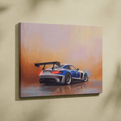 Mercedes-AMG GT Black Series inspired blue and silver race car canvas print with prominent rear spoiler wall art