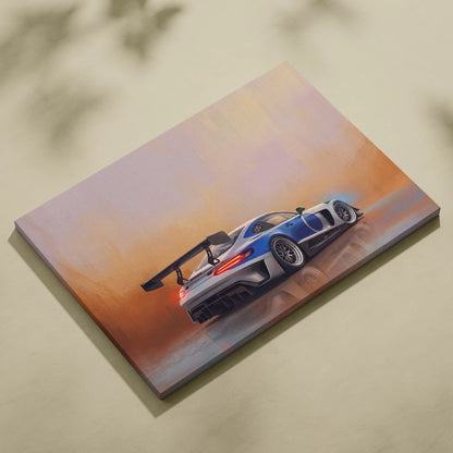 Mercedes-AMG GT Black Series inspired blue and silver racing car canvas print showing rear view with glowing red taillights