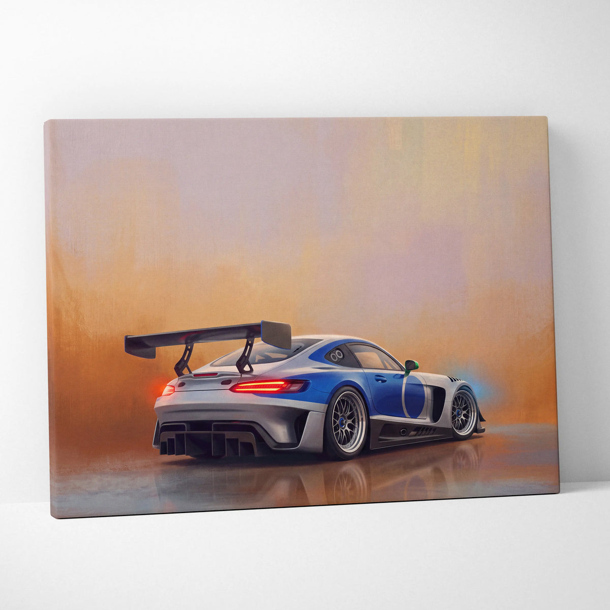 Mercedes-AMG GT black series inspired canvas print of blue and silver racing car with rear spoiler and glowing taillights