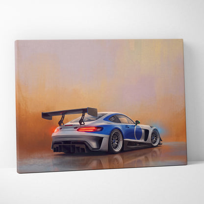 Mercedes-AMG GT black series inspired canvas print of blue and silver racing car with rear spoiler and glowing taillights