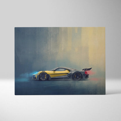 Ford gt inspired canvas art featuring yellow and black sports car artwork on premium automotive wall decor