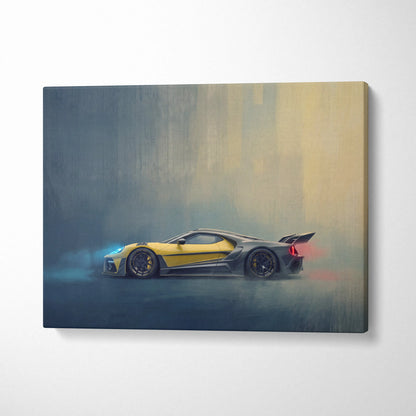 Ford GT inspired canvas art featuring a yellow and black sports car with glowing blue headlights and red taillights