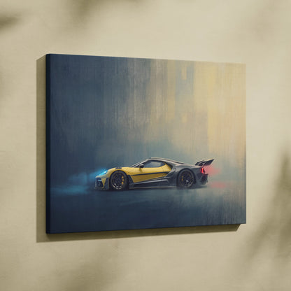 Ford GT inspired yellow and black sports car canvas print premium automotive wall decor for car enthusiasts