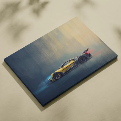 Ford gt inspired canvas art featuring a yellow and black sports car in motion with glowing blue and red effects