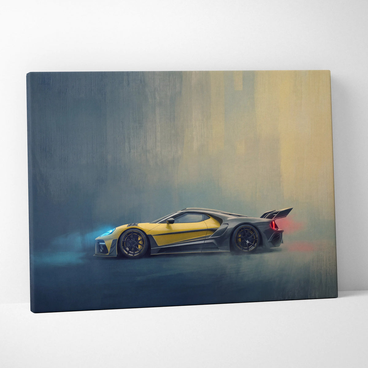 Ford GT inspired canvas art featuring a yellow and black sports car with blue and red glowing accents for wall decor