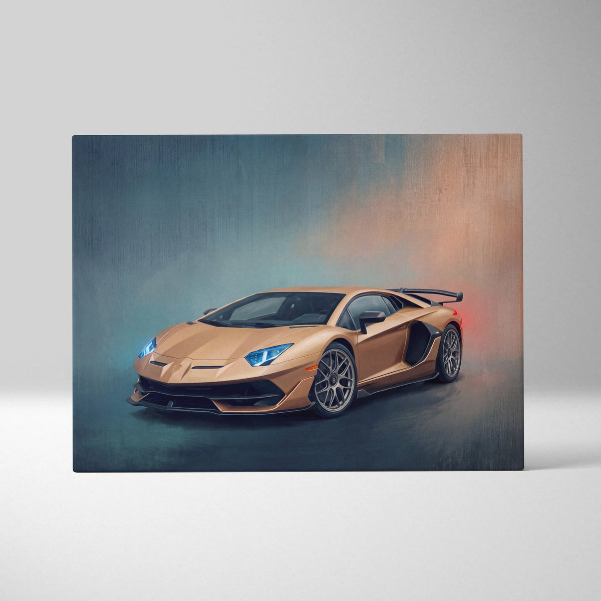 A sleek gold Lamborghini Aventador SVJ inspired canvas painting print with a smoky studio portrait in track edition
