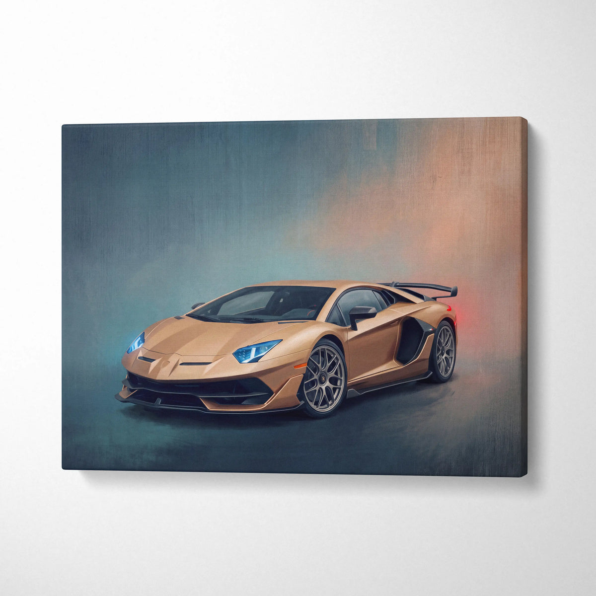 Glossy gold Lamborghini Aventador SVJ inspired canvas print with blue headlights and aerodynamic design for wall art