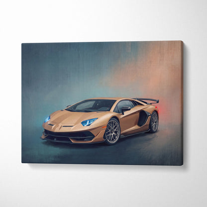 Glossy gold Lamborghini Aventador SVJ inspired canvas print with blue headlights and aerodynamic design for wall art