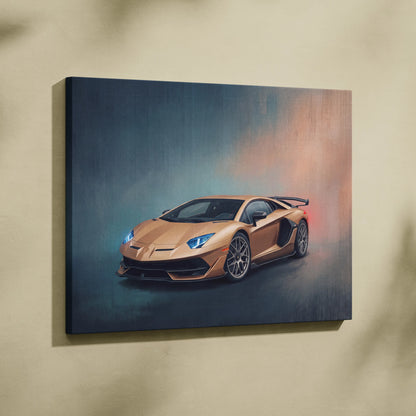 Lamborghini aventador svj inspired car wall art canvas print featuring a golden aventador with blue headlights