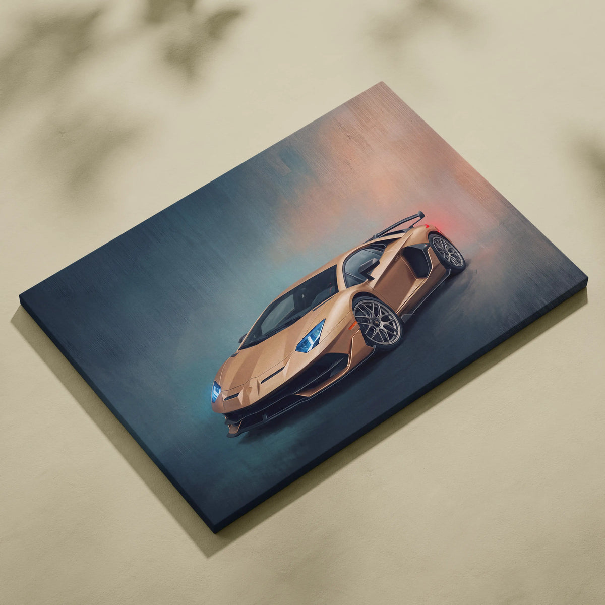 Canvas print of copper-colored lamborghini aventador svj with glowing blue headlights and black alloy wheels wall art