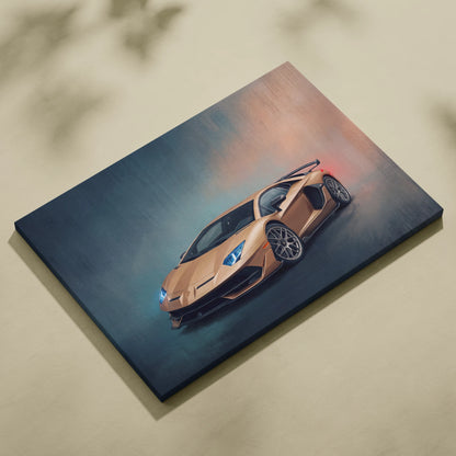 Canvas print of copper-colored lamborghini aventador svj with glowing blue headlights and black alloy wheels wall art