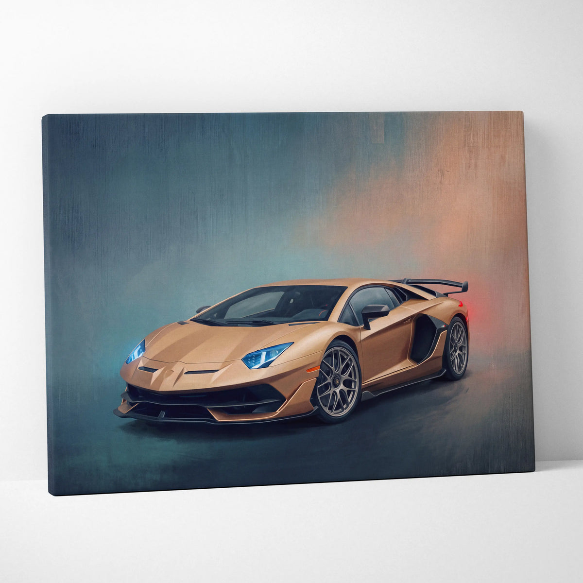 Canvas print of a golden lamborghini aventador svj inspired with glowing blue headlights and black alloy wheels wall art