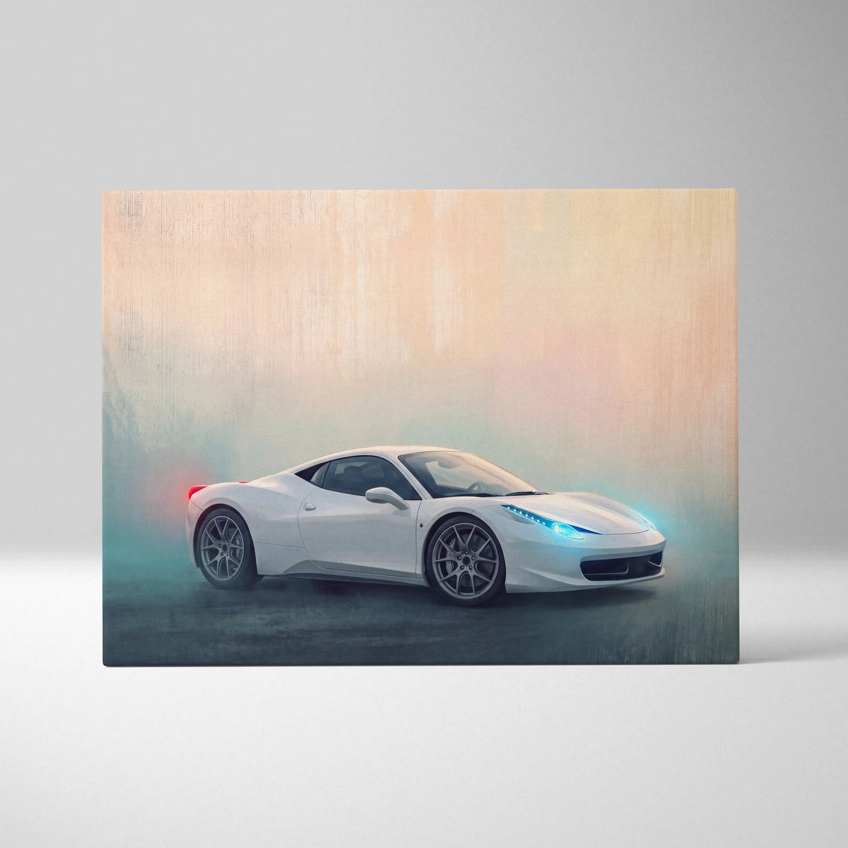 White ferrari 458 italia sports car canvas art print with glowing blue headlights and red taillights on misty background