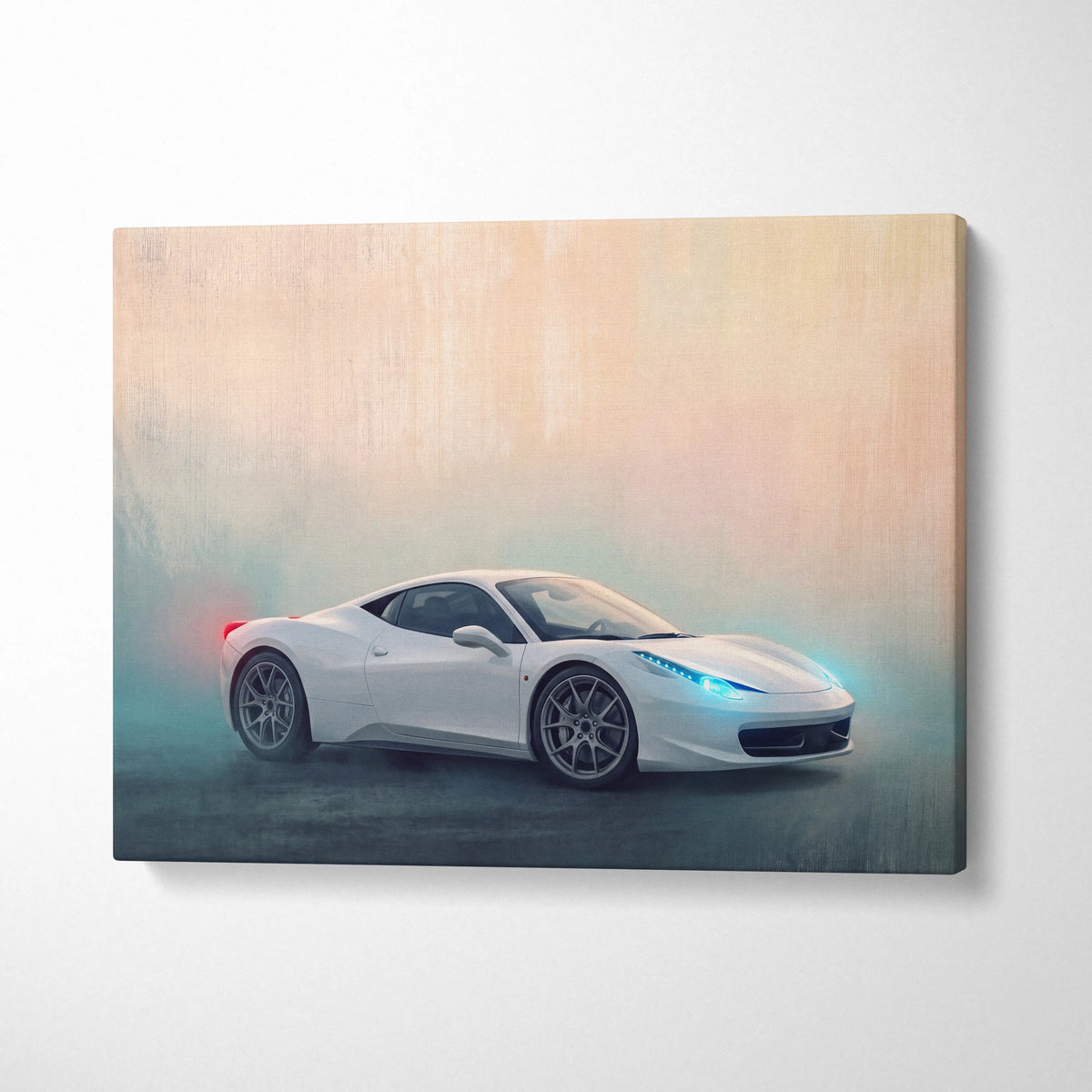 White Ferrari 458 Italia canvas art print with glowing blue headlights and red taillight on misty gradient background