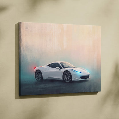 White ferrari 458 italia canvas art with glowing blue headlights and red taillights on misty gradient background