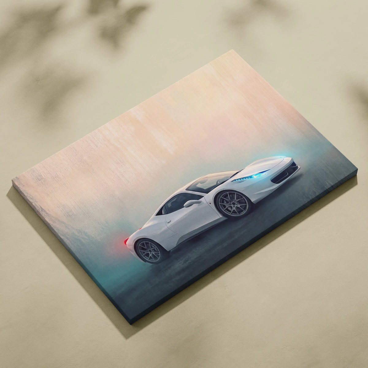 White ferrari 458 italia inspired supercar canvas art print with glowing blue headlights and red taillights