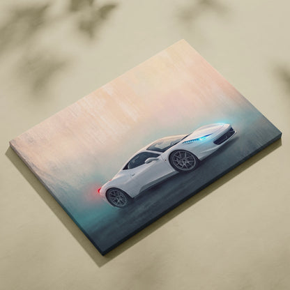 White ferrari 458 italia inspired supercar canvas art print with glowing blue headlights and red taillights