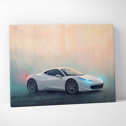 White ferrari 458 italia sports car canvas art print with glowing blue headlights and red taillights on misty background