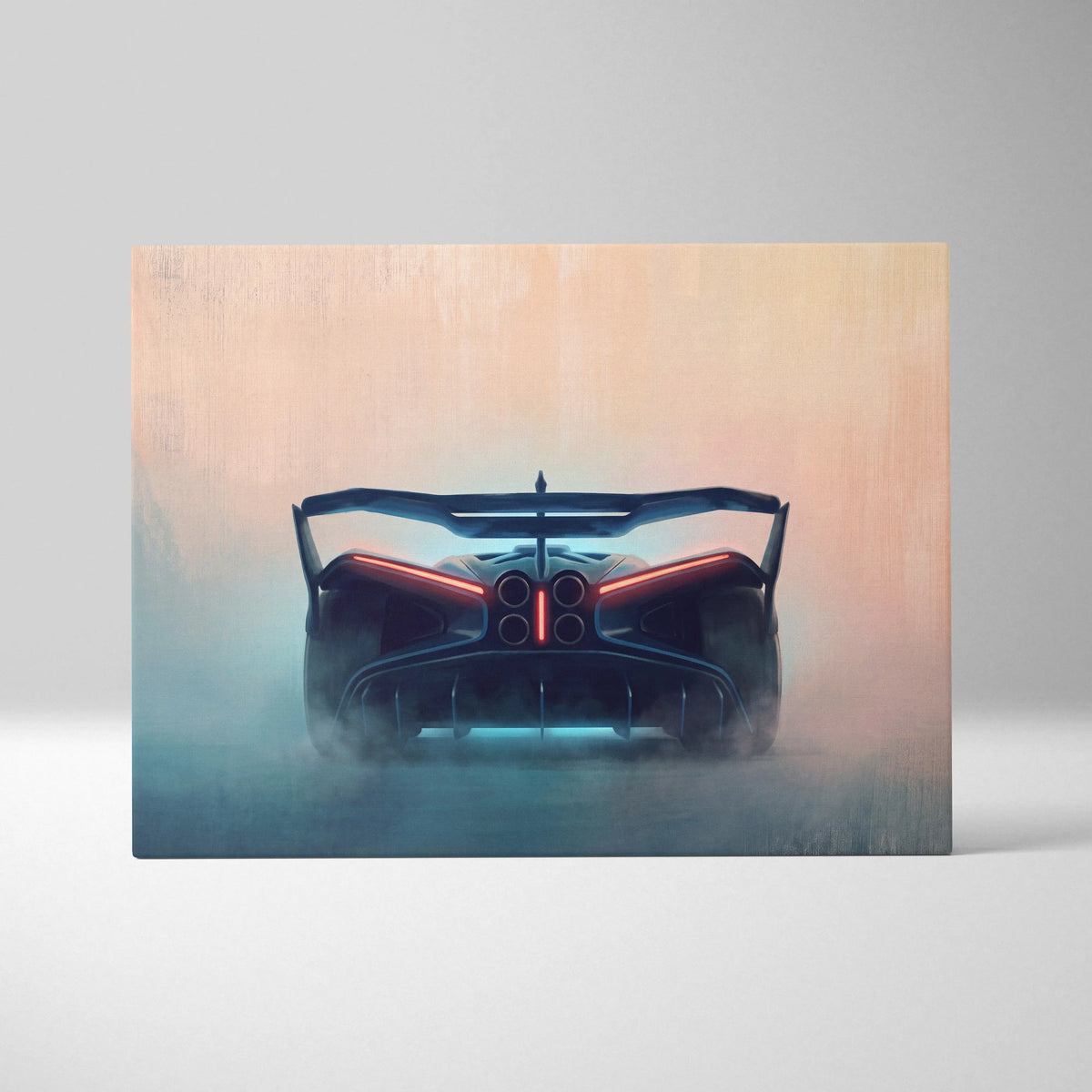 Stylized digital artwork of a futuristic black Bugatti Bolide inspired sports car with glowing red and blue rear accents in motion canvas print