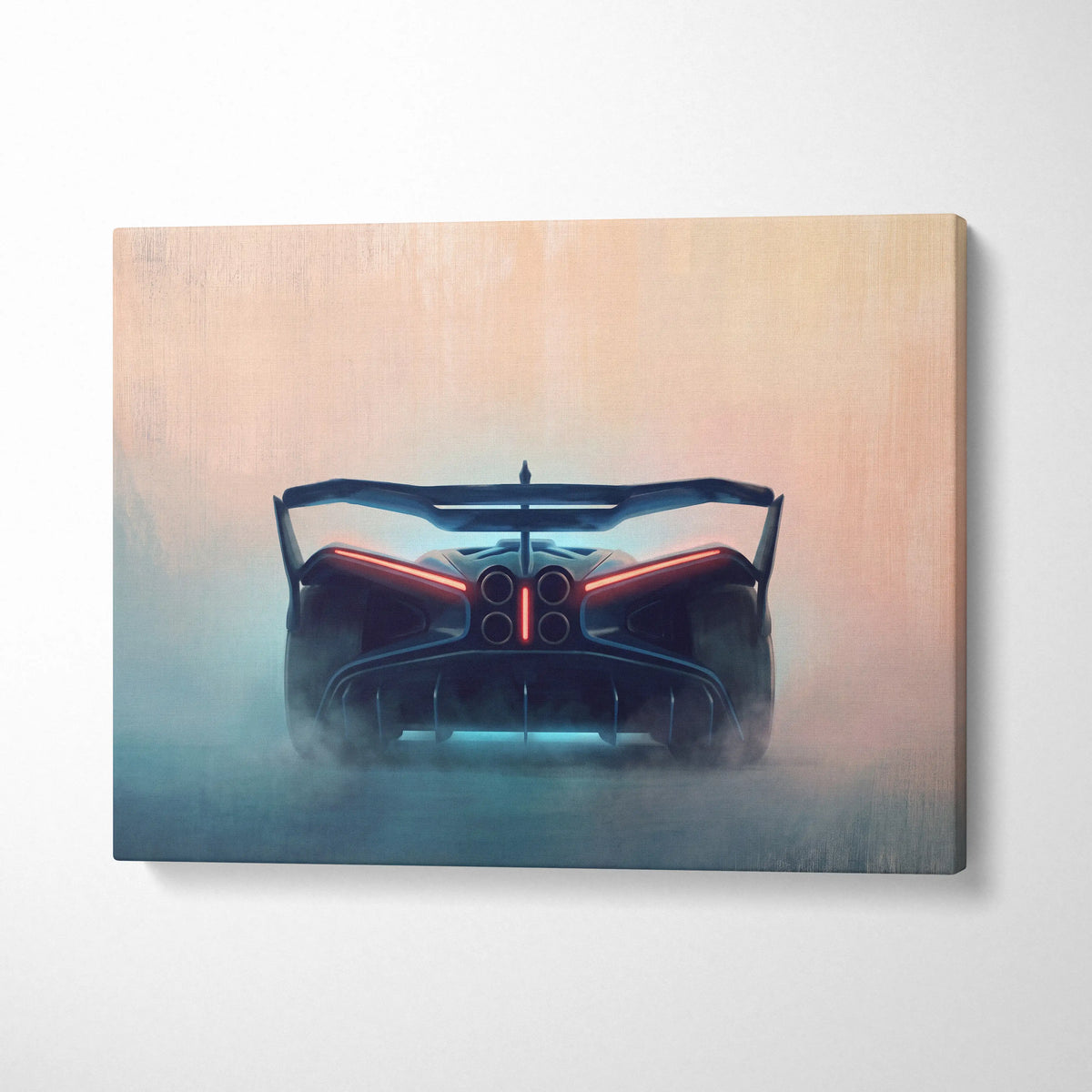 Bugatti bolide inspired luxury supercar canvas print showing the sleek dark blue Bugatti Chiron rear view with glowing accents