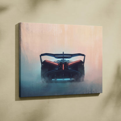Bugatti bolide inspired automotive wall art featuring a sleek black hypercar with red taillights and blue underglow on canvas