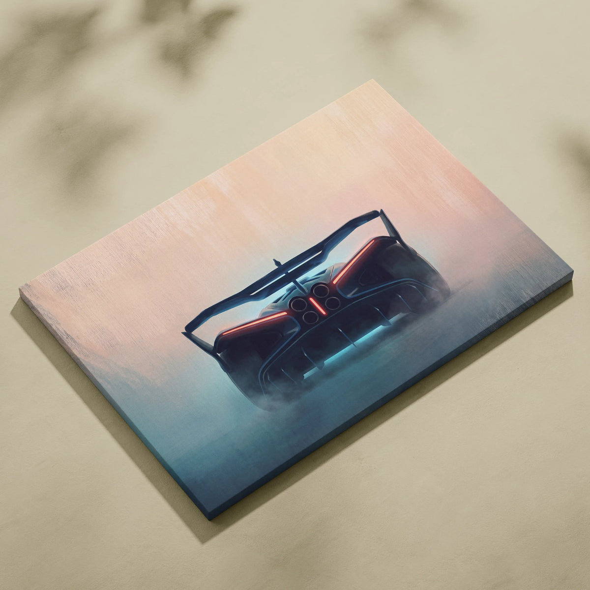 A sleek matte-finish canvas print featuring a futuristic black Bugatti Bolide inspired sports car with glowing accents
