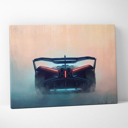 Stylized canvas print of a futuristic black Bugatti Bolide inspired sports car with glowing red and blue accents wall art