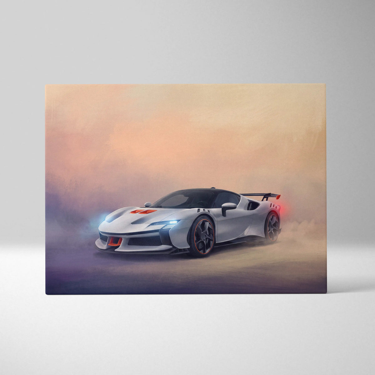 White Ferrari SF90 Stradale sports car with black accents and red detailing in a dynamic racing canvas print