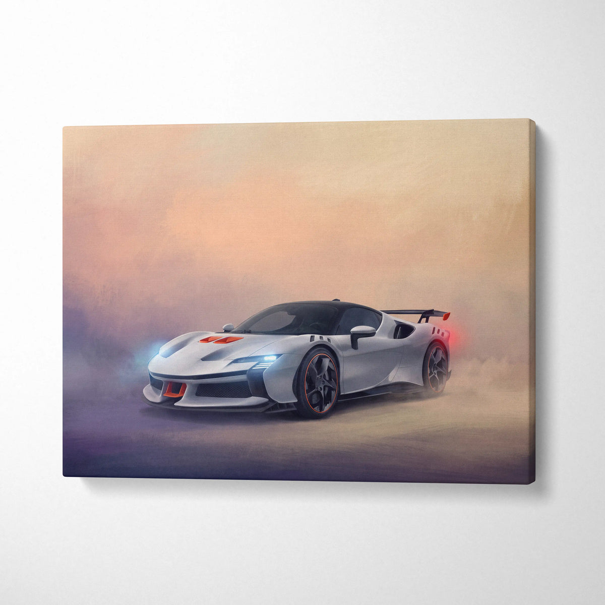 White and orange ferrari sf90 stradale sports car canvas print track edition wall art for car enthusiasts