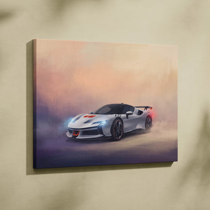 White Ferrari SF90 XX Stradale inspired sports car canvas print with red accents and glowing headlights for wall art