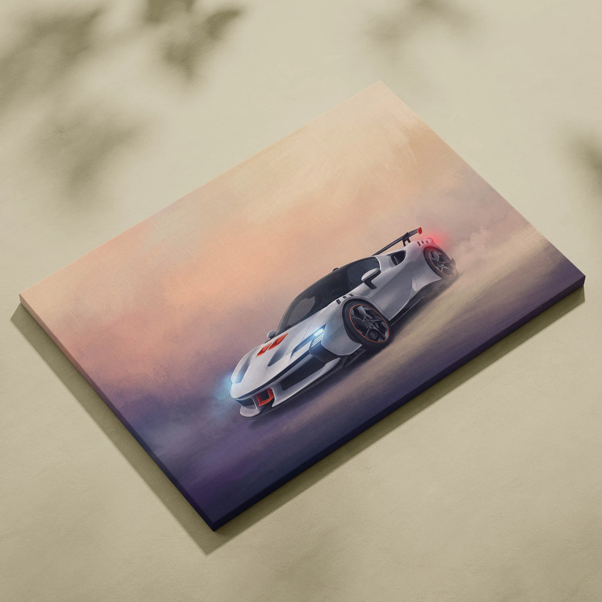 White and black sports car illustration on stretched canvas ferrari sf90 xx stradale inspired track edition wall art