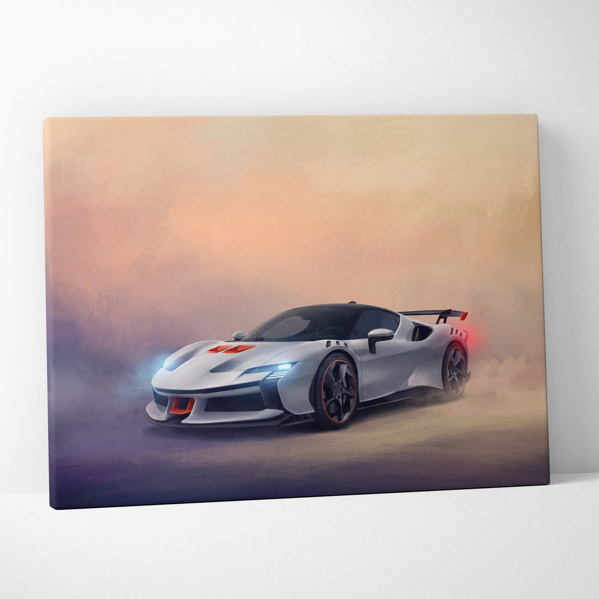Silver and black Ferrari SF90 XX Stradale inspired canvas print with glowing blue headlights and red accents wall art