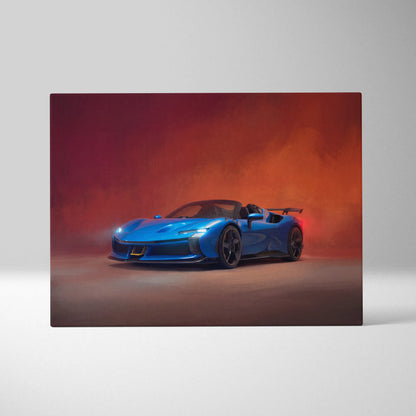 Vibrant blue Ferrari SF90 Spider inspired supercar canvas art with glowing headlights and fiery red-orange background