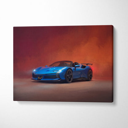 Vibrant blue Ferrari SF90 Spider inspired supercar canvas art with glowing red and orange atmospheric lighting