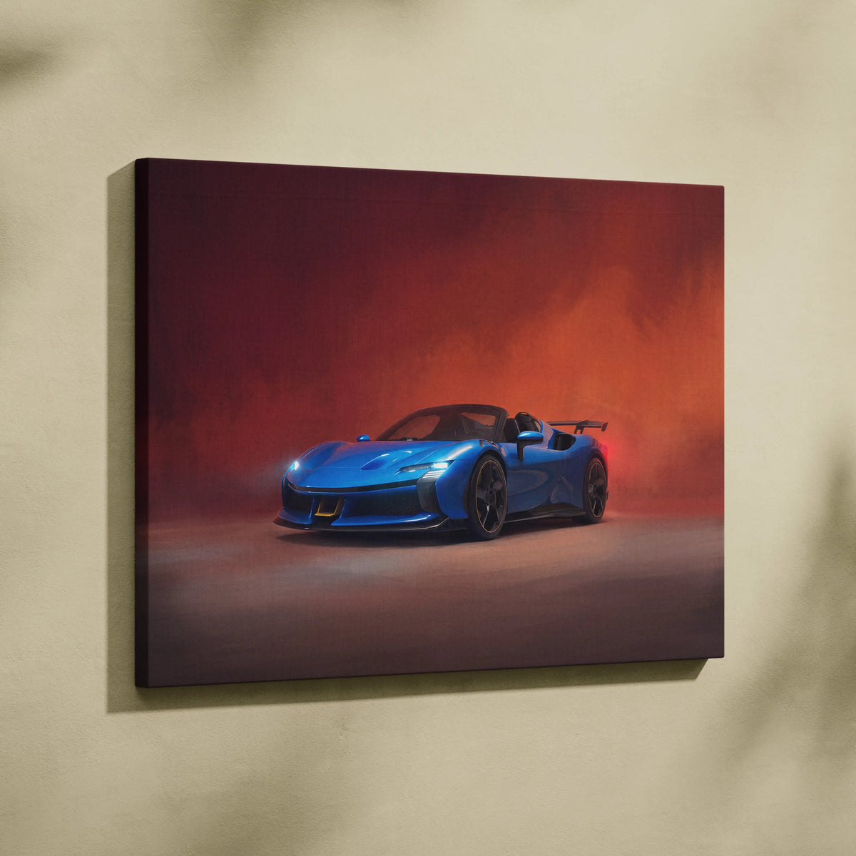 Blue ferrari sf90 spider inspired supercar canvas art with sleek aerodynamic design and glowing red background wall print