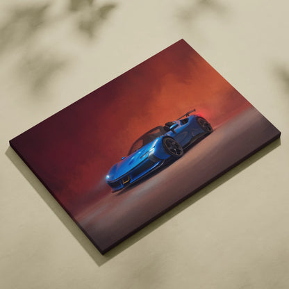 Blue Ferrari SF90 Spider inspired supercar canvas art with sleek aerodynamic design and glowing headlights on red-orange background