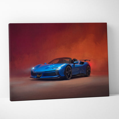 Vibrant blue ferrari sf90 spider inspired supercar canvas art print with sleek design and glowing headlights on orange-red backdrop