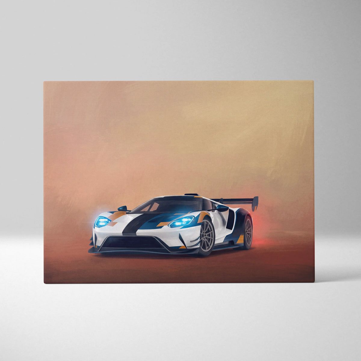 Ford gt inspired canvas art featuring a dynamic illustration of a white and black racing car with orange accents on canvas