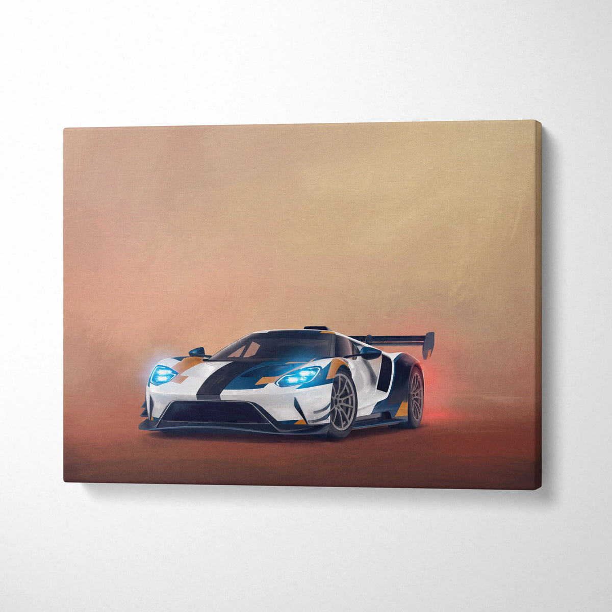Ford gt inspired canvas art featuring a white and black racing car with blue headlights on premium wall decor