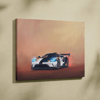 Ford gt inspired canvas art featuring a white and black racing car with blue headlights and orange accents wall decor