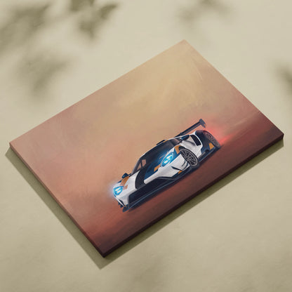 Ford GT inspired canvas art featuring a white and black racing car with glowing blue headlights and orange accents
