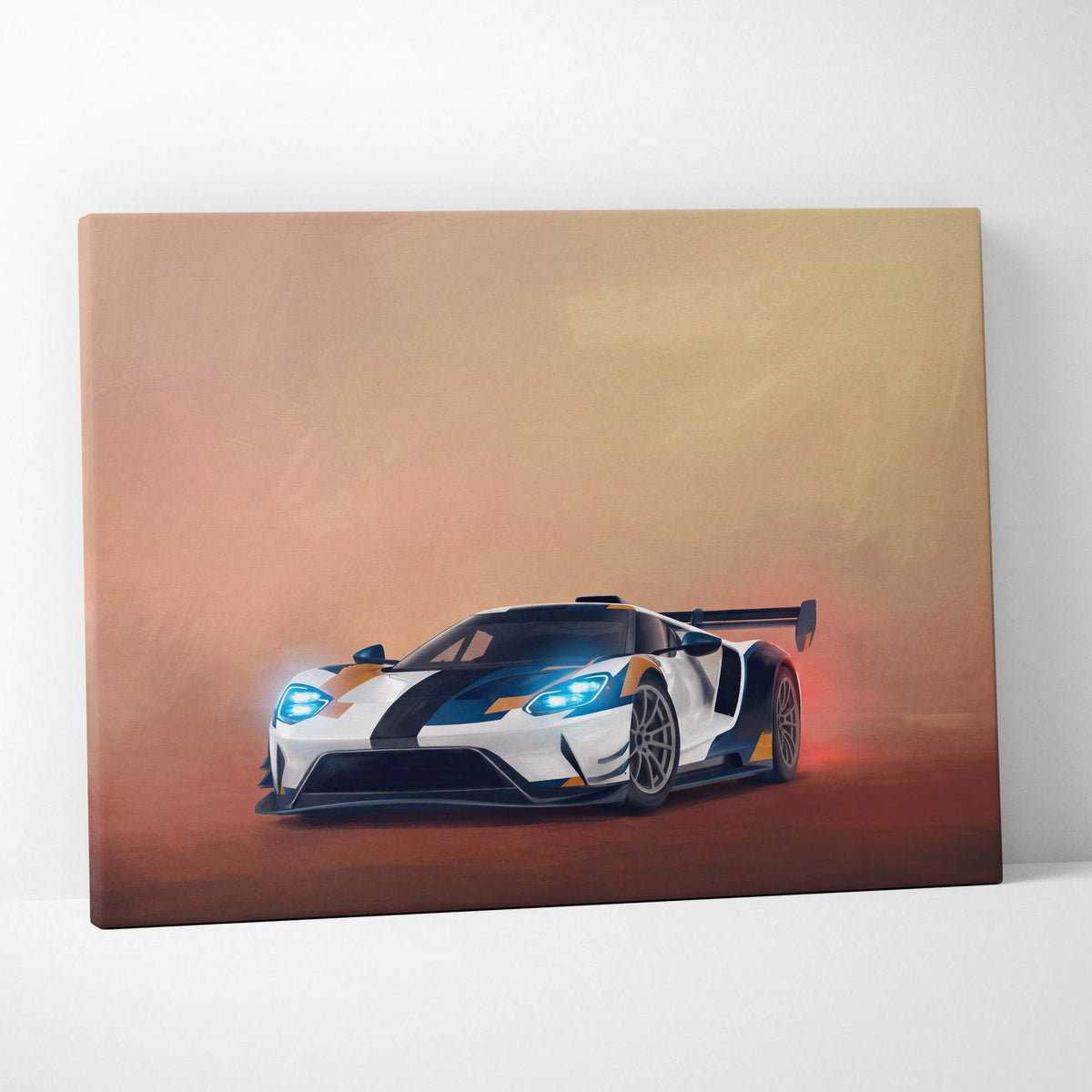 Ford GT inspired canvas art featuring a white and black racing car with blue headlights and orange accents for wall decor