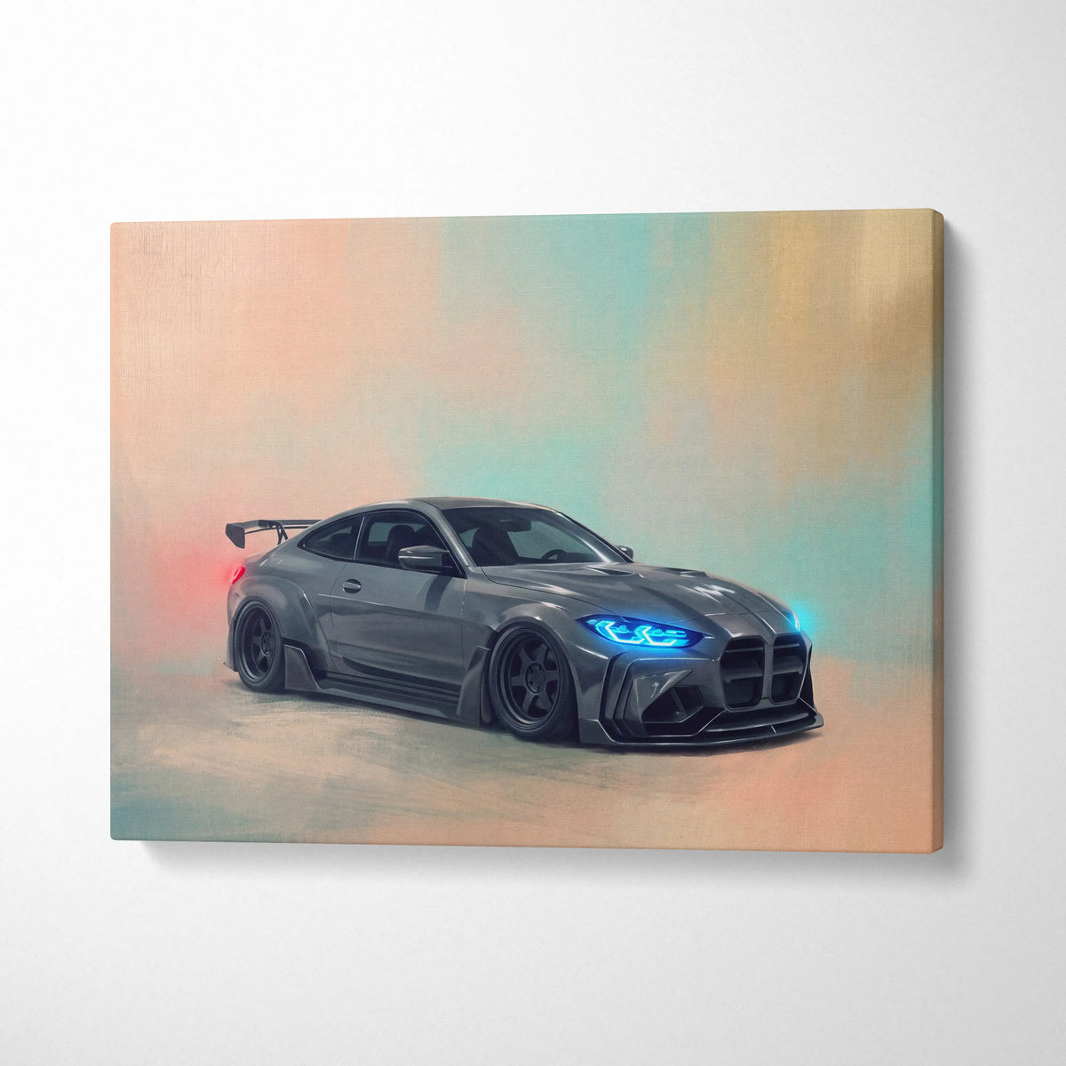 Gray matte-finish bmw m4 coupe with glowing blue headlights and black spoiler on canvas modern automotive wall art